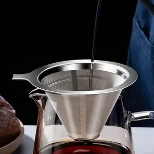 304 Stainless Steel Coffee Filter Funnel Fine Mesh Dual Layer, Reusable Cone Shape Coffee Filters, Practical Durable Coffee Accessories