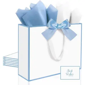 3 Pack Elegant Large  Bags with Handles, 12.6x10x4 Inch - Set Includes Tissue Paper & Cards for Birthday,  Shower, Wedding, Anniversary, Mothers Day & Holiday Gifts (3Pcs White with Blue Rim)