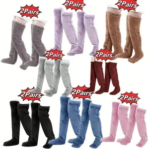 Women's Over-the-Knee Plush Thermal Socks Ultra-Soft Comfortable Winter Loungewear Warm Floor Socks Multi-Color Options Machine Washable 2-Pair Pack Cute Womenswear Warmer