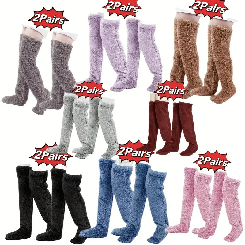 Women's Thermal Fluffy Socks - 2-Pair Basic Multipack Plain Look Over-the-Knee Ultra-Soft Plush Loungewear for Cozy Winter, Dark Grey, Great Value