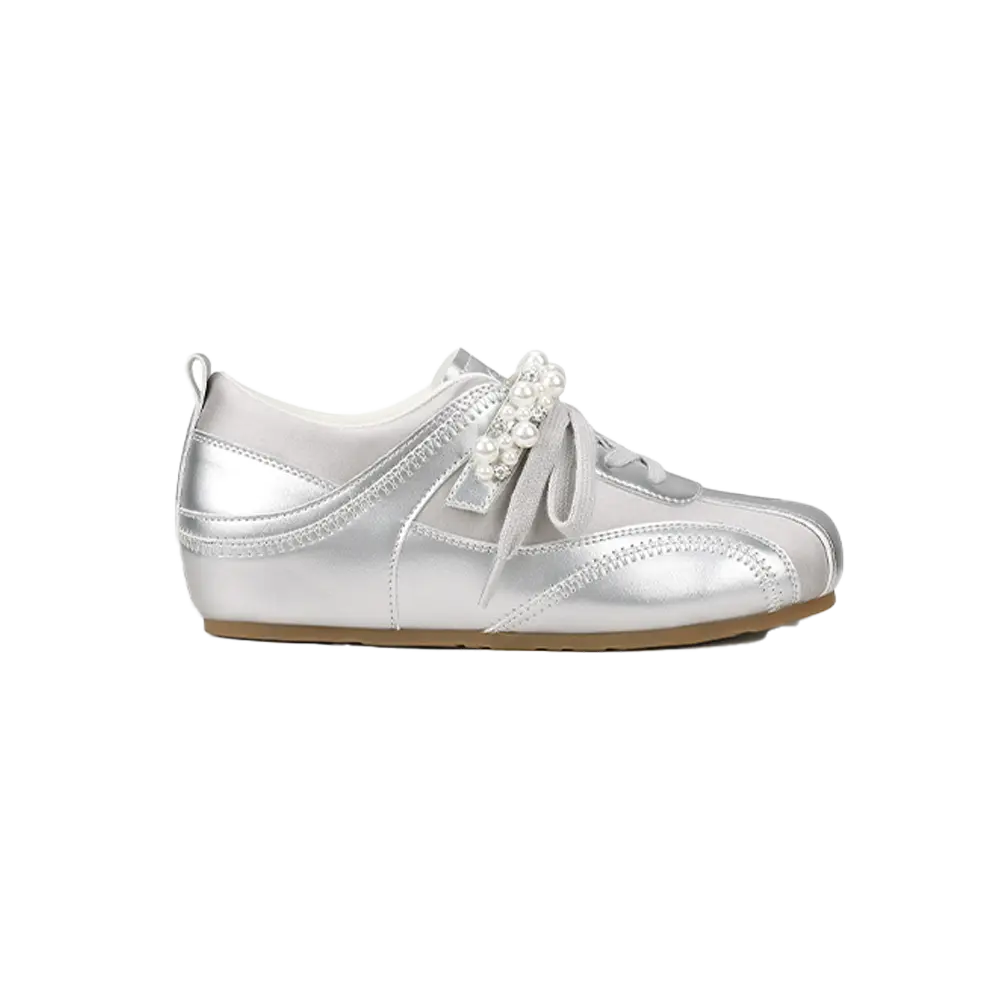 Women’s three-color pearl lace-up sneakers — cute rhinestone-decorated casual shoes with comfortable arch support for walking
