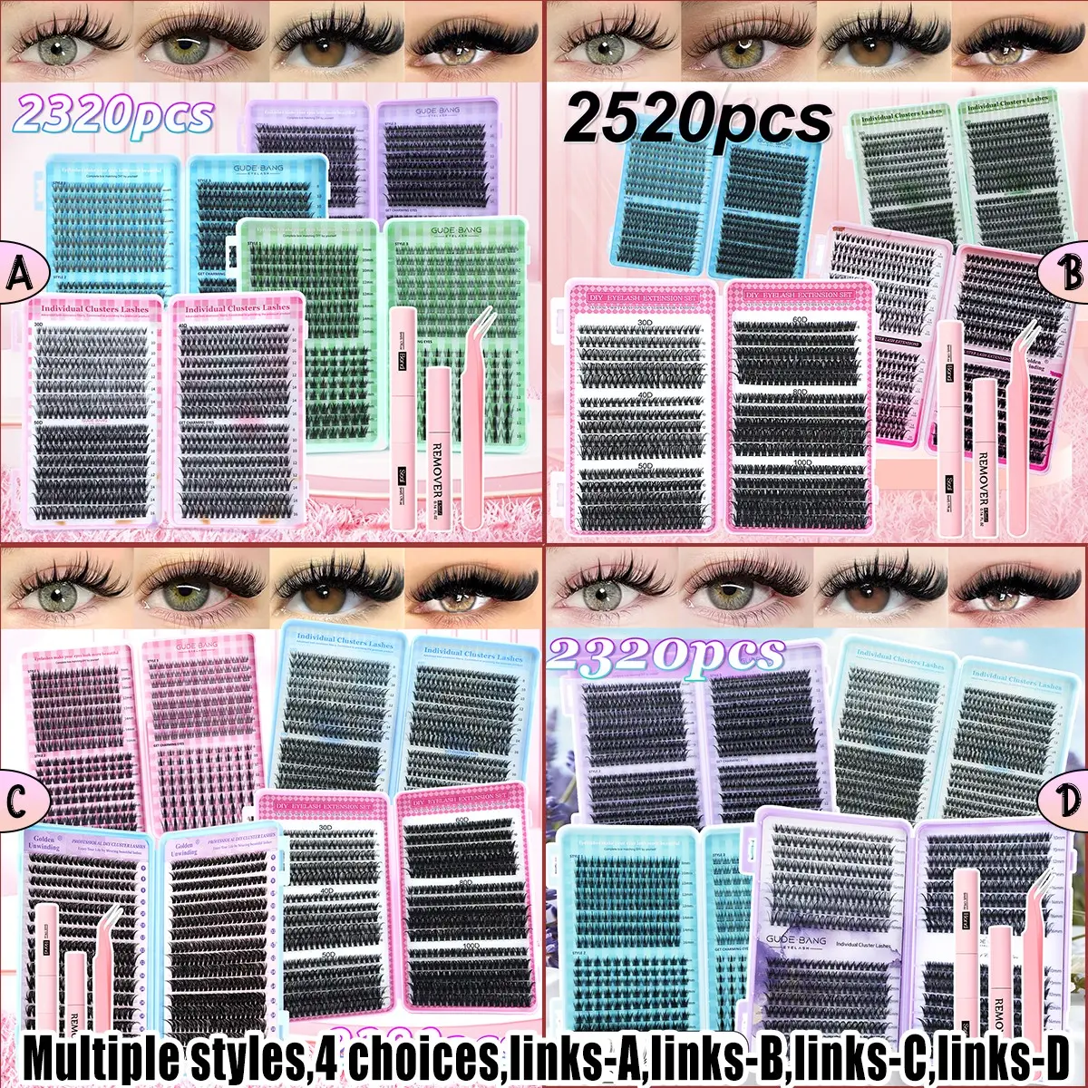 Large-capacity cluster-style false eyelashes available in various styles. Easy DIY personal false eyelashes and DIY false eyelash extension kits. Includes dual-head adhesive, tweezers, and removal solution. Suitable for beginners and professionals.