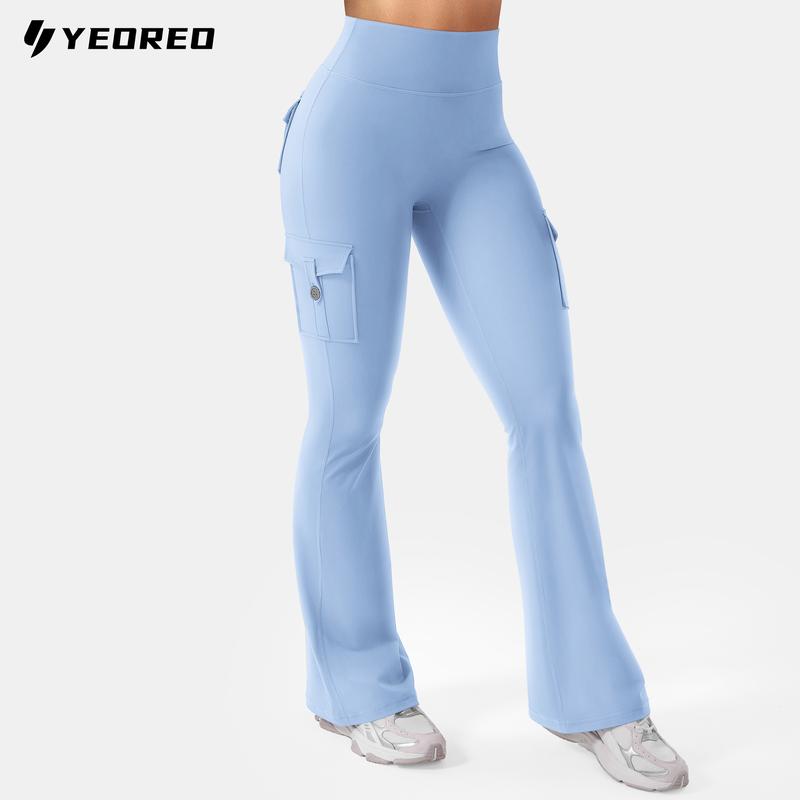 YEOREO CoreFlex High Waist Tummy Control Flare Leggings with Pockets Seamless Scrunch Butt-Lift Cargo Yoga Gym Pants