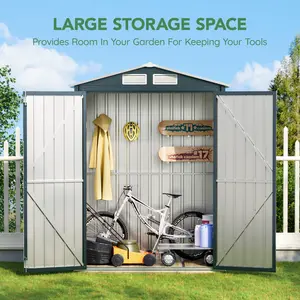 3 x 5 FT Outdoor Storage Shed Clearance, featuring a lockable door for added security. Crafted from durable steel with anti-corrosion properties, this waterproof tool shed offers reliable storage for your backyard, patio, lawn, and garden essentials.