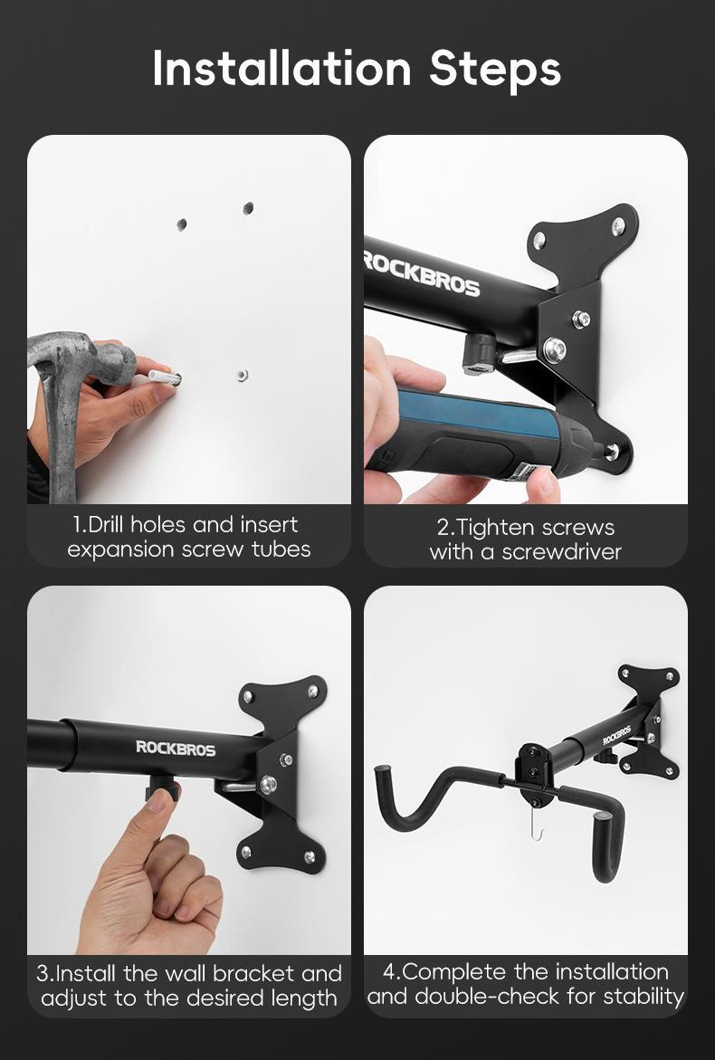 ROCKBROS Bicycle Wall Mount Sturdy Bicycle Holder Adjustable Up to 15kg