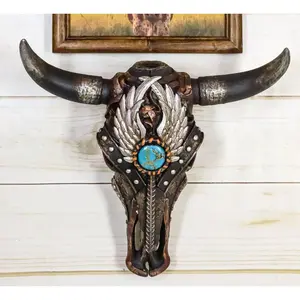 Rustic Western Angel Wings Turquoise Gem Steer Bull Cow Skull Wall Decor Plaque