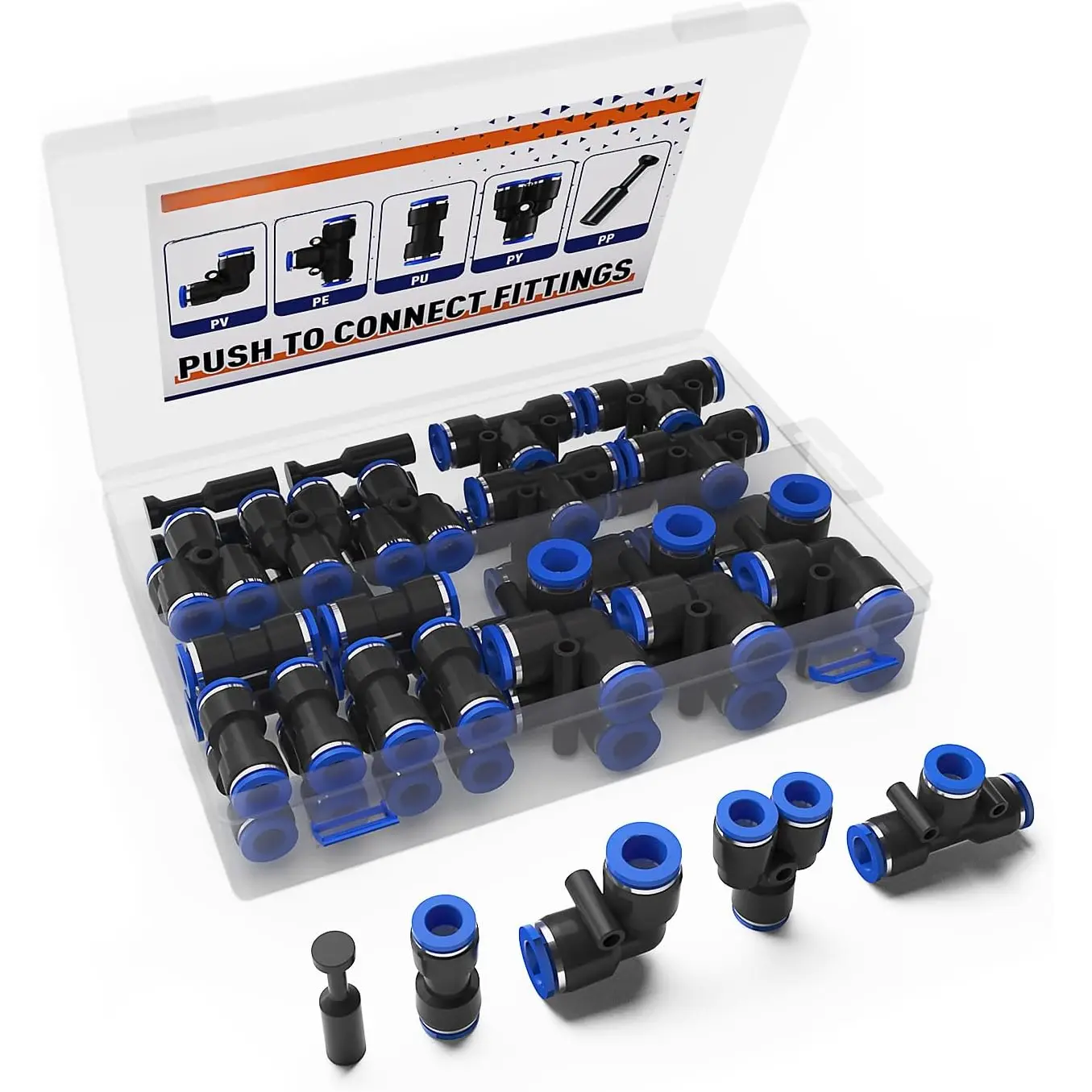 1/4 Inch OD Quick Connect Plastic Fittings Kit (60-Count) - 12-Count 5-Types Push to Connect Fittings, Drip Irrigation System Compatible, 0-145psi, Includes Tee, Straights, Elbows, Splitters, Plugs for Industrial Users