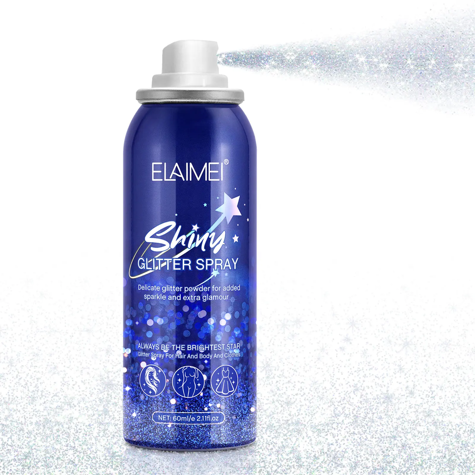 Elaimei Silver Body Glitter Spray (2.11oz/60ml) - Women's Cosmetic Glitter Makeup, Quick-Drying Highlighter, Long-Lasting Glow for Skin & Face, All Skin Types, Any