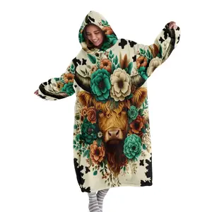 Women's Fleece Bathrobe, Long Sleeve Fashion Sleepwear, Chic Onesies, Highland Cow Print Thick Home Clothes, Floral Winter Nightgown, Holiday Gift for Mom