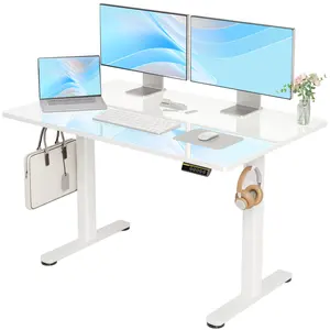 (High end and high-quality Computer desk)48 Inch Electric White Glass Standing Desk, Adjustable Height ,Quick Install Home Office Computer Desk, Stand Up Desk, Gaming Office Writing Work Desk for Home Office, Study, Bedroom, Work from Home