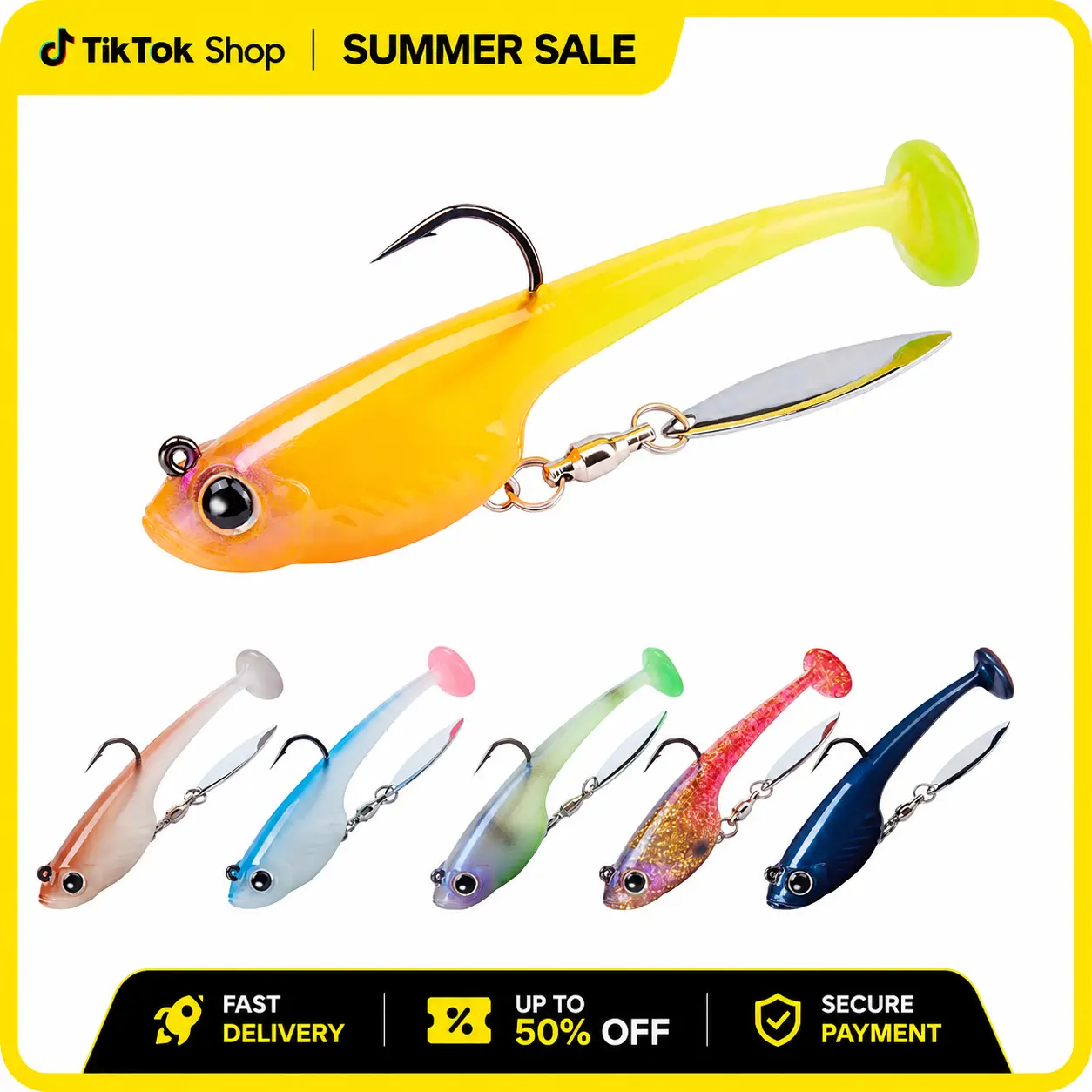 TRUSCEND Pre-Rigged TPE Body Tadpole Soft Lures - 0.4oz Under Spinner, Sharp Mustad Fishing Hooks, Glow Spots, Long Cast Weight, Enhanced Durability, for Fresh/Salt Water Spin Casting, Father's Day Gifts, Gift for Fisherman, Bass Lure, Fluorescent And Glo