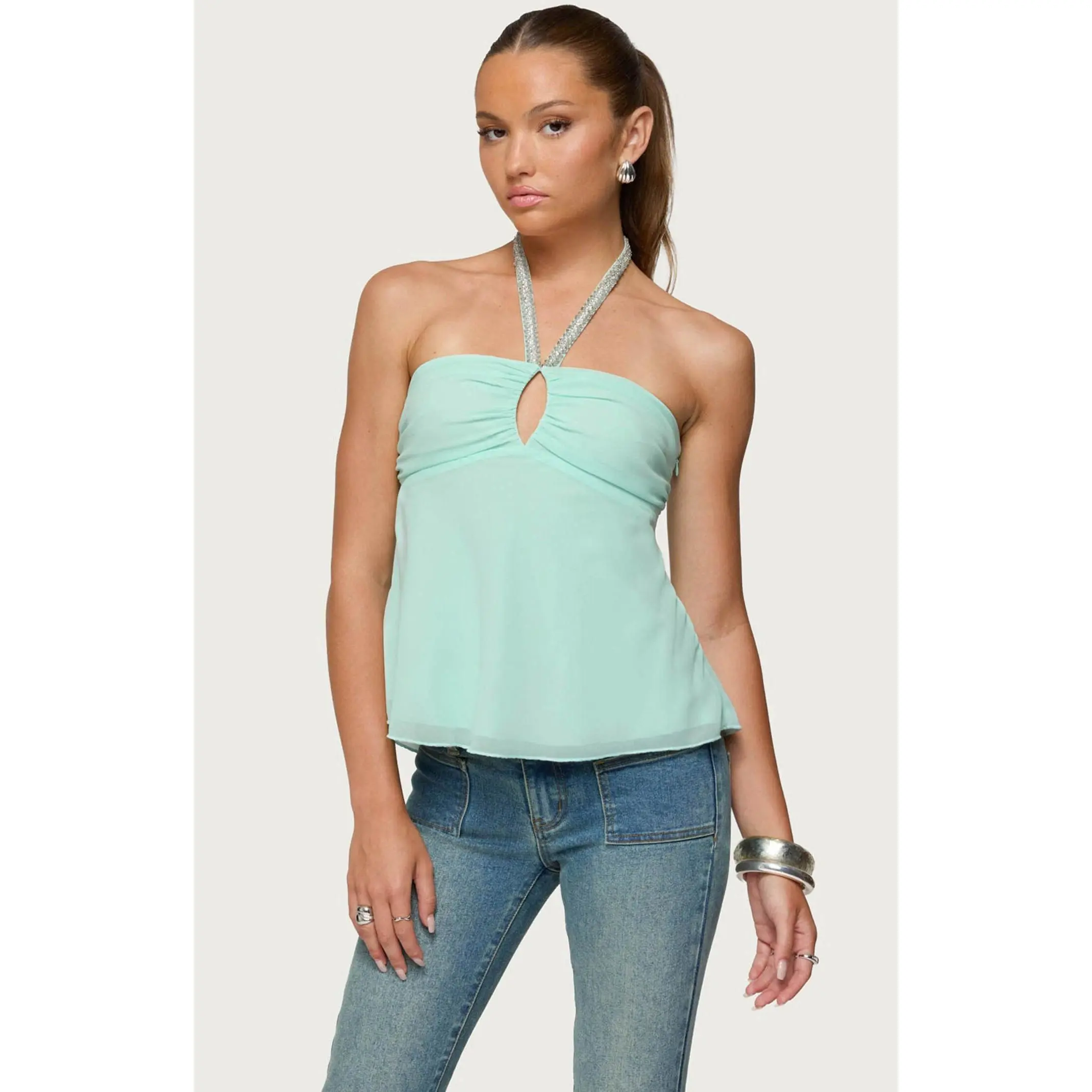 Edikted Women's Sequin Chiffon Keyhole Halter Top