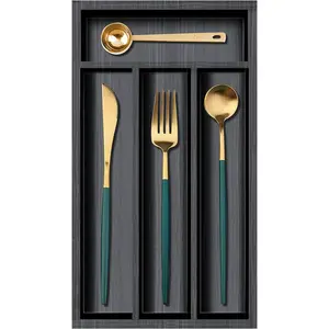 Small Cutlery Tray Narrow Wooden Silverware Organizer 12"x6.7" Spoon Kitchen Utensil Holder for Drawer Divider  Cutlery Drawer Organizers Storage Black  Silverware Tray Flatware Organizer
