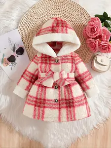 Baby girl's winter red and white checkered hooded jacket with bow belt design, baby girl's fashionable and exquisite versatile jacket, exquisite warm jacket, Easter outfit