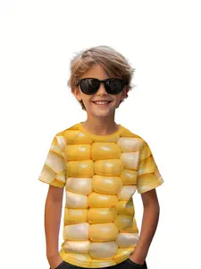 3D Corn Print Short Sleeve T-Shirt, Fun Food Graphic, Unisex Casual Round Neck Top, All Seasons Slim Fit