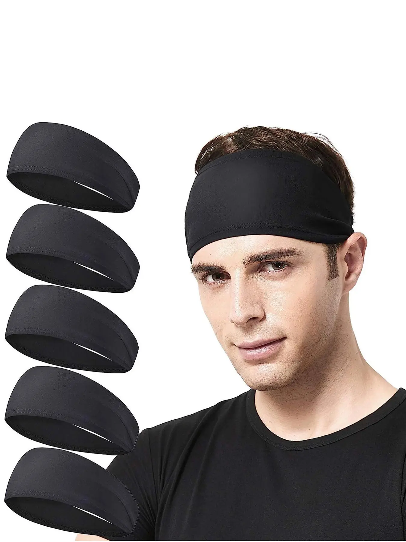 5pcs Black Mix Color Hairband Men Running Headband, Earmuff Men Women Sweatband, Sweat Wicking Headband, Sports Headband, Training Headband for Running,Cycling,Basketball,Yoga,Fitness Workout, Workout Headbands, Exercise Stretchy Unisex Hairband Gift
