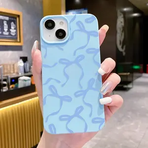 Cute Blue Ribbon Bowknot Pattern TPU Large Hole Frosted Phone Case for iPhone 16 15 14 Pro Max 13 12 11 XR XS Plus Shockproof Drop Protection Rugged Durable Silicone Cover Cellphone Protective