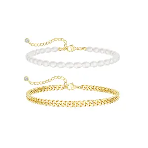 Tewiky 14K Gold Plated Ankle Bracelets for Women Waterproof - Trendy Gold Plated Layered Stackable Chunky Copper Anklets/Freshwater Cultured Pearl Anklet Bracelet Set for Women Jewelry Gifts For Valentine's Day gifts