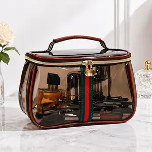 Women's PVC Retro Vintage Cosmetic Vanity Bag - Large-Capacity, Durable, Waterproof Transparent Wipe-Clean Zippered Organizer for Makeup Products, Daily Travel Toiletry Storage Case, Ideal Womens Gift & Accessories for Women (Transparent Brown)