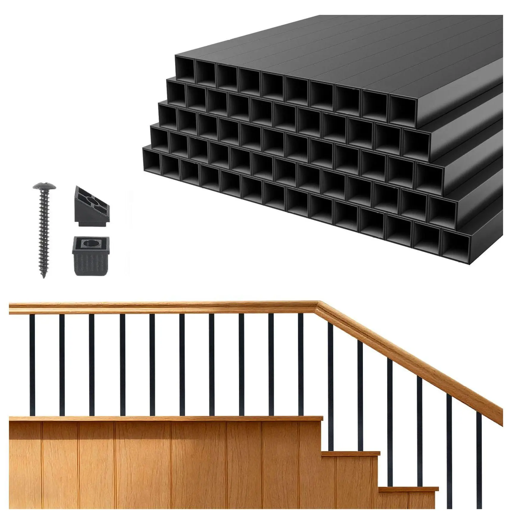 Deck Balusters 125 Pack, 3/4" Square Aluminum Railing Spindles 26", Black Metal Decking Stair Balusters Kit with Connectors & Screws for Deck, Porch, Staircase Default