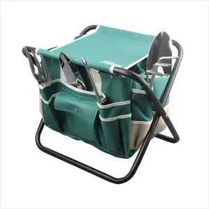 Garden Tools Sets- Heavy Duty Gardening  Tool Kit Including Folding Stool with Tool Bag 5 Sturdy Stainless Steel Tools(Gardening Trowel Trans-Planter Weeder & Rake) for Women Men