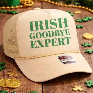 Expert in Irish Goodbyes Trucker Hat Khaki Foam Rope Hat Funny Bar Crawl Cap Adjustable Snapback Lightweight Structured