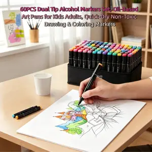 60-Piece Dual-Ended Alcohol Marker Set, Oil-Based Art Pens, Fine & Brush Tips, Quick-Dry, Non-Toxic, Ideal for Kids, Students, Adults