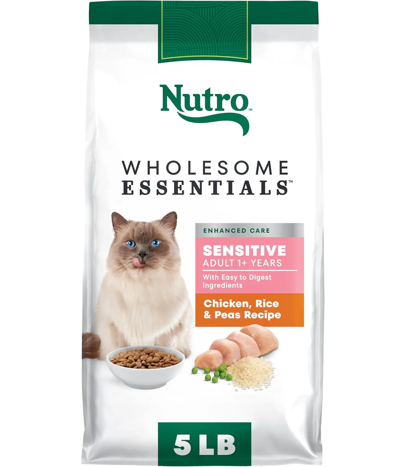 Nutro Wholesome Essentials Natural Dry Cat Food Sensitive Stomach, Chicken, Rice & Peas Recipe Cat Kibble, 5 lb. Bag