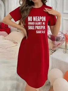 Soft and Slightly Stretchy Women's Underwear No Weapon Formed Against Me Shall Prosper Pattern Short Sleeve Crew Neck Nightgown, Sexy Elegant Youthful Women's Christmas Dress, Perfect for Halloween, Christmas, and Thanksgiving Gifts