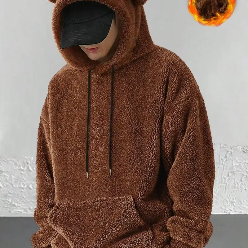 Men's & Couple Cozy Fall Winter, Soft Plush Fitted Knitted Long Sleeve Pullover Hooded Sweatshirts with Cute Bear Ears Design, Large Pocket Warm Casual Wear for Home Leisure, Comfy Sweatshirt, Menswear