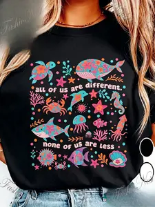 Autism Inclusion T-Shirt, All of Us Are Different Neurodivergent Shirt, Ocean Lover Special Education Teacher Tee 100% Cotton, Short Sleeve, Humorous Graphic T-Shirt for All Seasons Unisex Loose-Fit Top