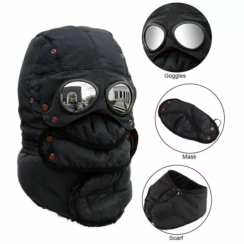 1pc Polyester Outdoor Sports Hat for Adults - Thermal, Windproof, Heat-Insulating Winter Hat with Detachable Goggles, Scarf & Warm Mask, 1 Size, Ideal for Cycling, Skiing, Other Outdoor Activities
