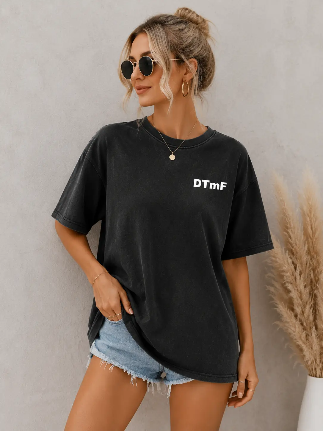 Vintage Acid Washed Black Double Sided Graphic T-Shirt, DTmF Text Front Pink Trailer House Cartoon Print Oversize Crew Neck Short Sleeve Unisex Retro Streetwear Tee