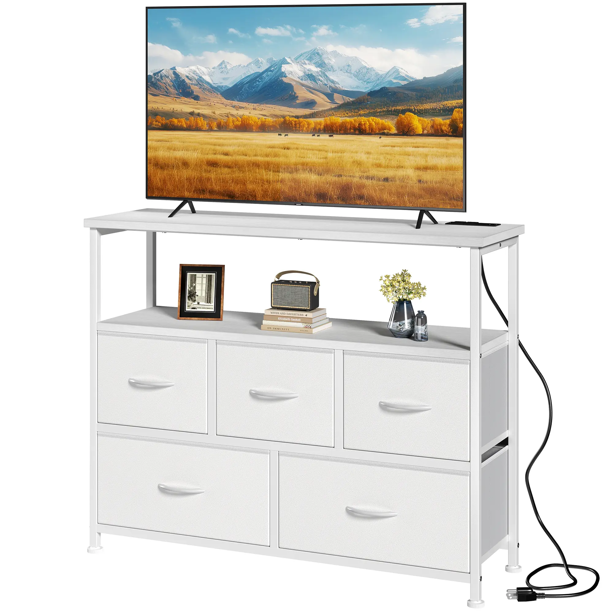 39.3'' 5 Drawer Dresser with Charging Station, Fabric Storage Chest of Drawers for Bedroom, Living Room, Entryway