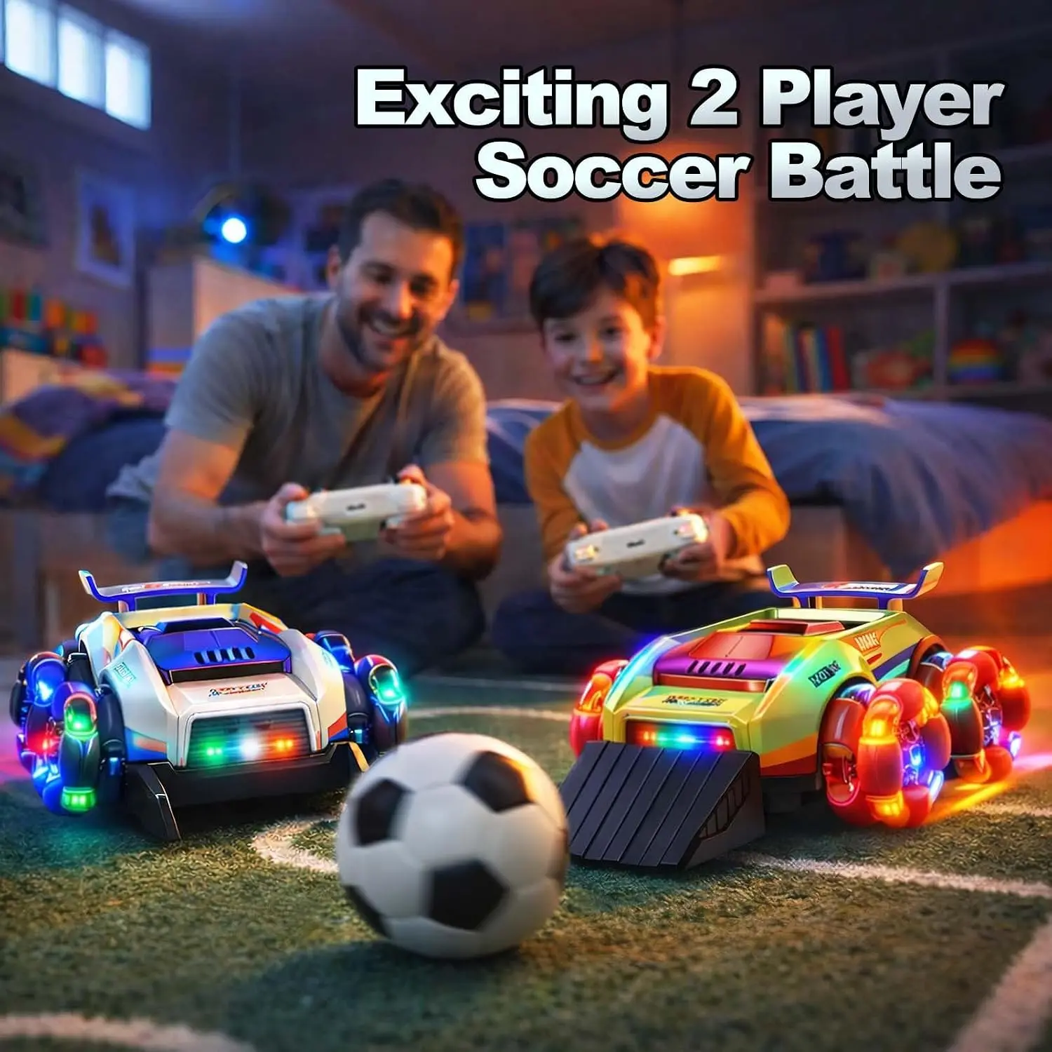 2 Player RC Stunt Cars with Soccer Game – Rechargeable LED Remote Control Cars, Soccer Ball, Goals & 2 Controllers
