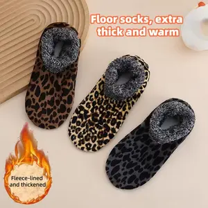 Women's 3-Pair Stylish Leopard Print Fleece-Lined Round Toe Floor Socks - Thick, Non-Slip, Cozy Winter Warmth House Slippers for Bedroom Use