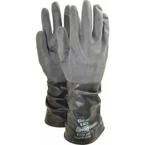 SHOWA Size M (8), 14" Long, 14 mil, Unsupported, Butyl Chemical Resistant Gloves Textured Finish, Unlined, Rolled Cuff, ANSI Cut Level 0, Puncture Level 0, Abrasion Level 0, Black 874R-08
