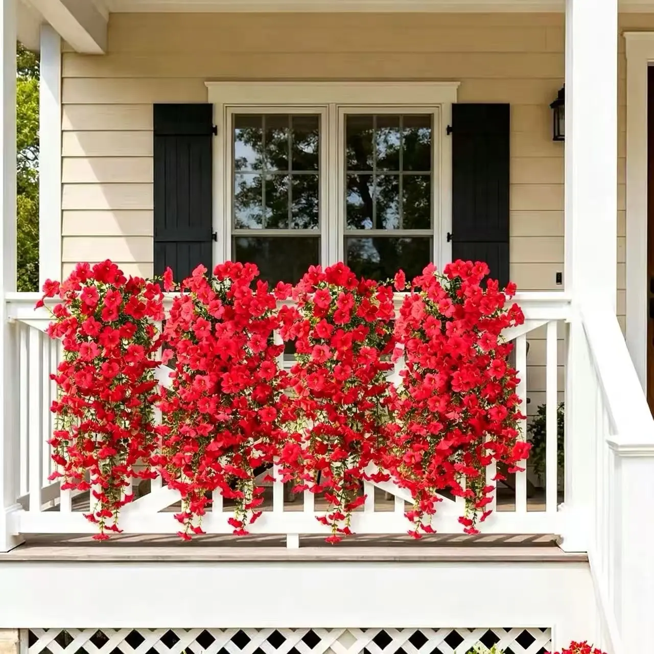4 Bundles Red Artificial Morning Glory Flowers with Greenery, UV Resistant Faux Hanging Basket Fillers for Porch, Patio, Window Box & Garden Decor