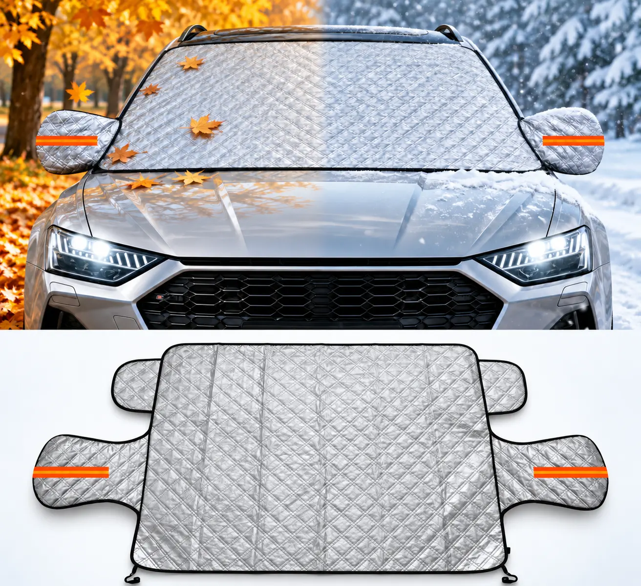 Magnetic Car Windshield Snow Cover, 4 Layers Winter Automotive Windshield Frost Protective Cover with Side Mirror Protector, All-Weather Vehicle Exterior Accessories for Sedan SUV Window