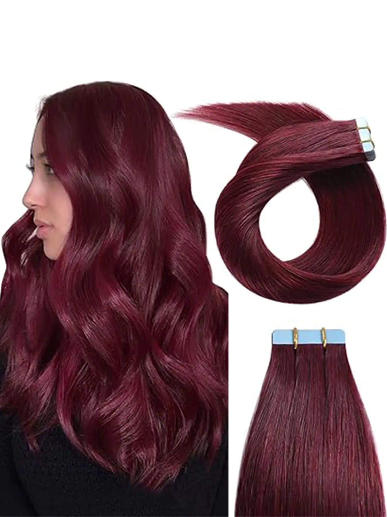 #99J 20pcs 50g Tape in Hair Extensions Human Hair Red Tape in Hair Extensions 100% Real Human Hair Seamless Skin Weft   14-26 Inches Invisible Extension Hairpiece Human Hair Weave Human Hair Pieces