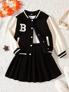 Girls' 2-Piece Long Sleeve Baseball Jacket & Pleated Skirt Set, Letter B Print Corduroy School Style Casual Clothing Fashion Clothes Set Spring Fall