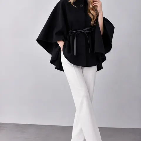 Women’s One Size Faux Leather Structured Funnel Neck Belted Cape Coat - Adjustable, Fashion Statement Outerwear with Flared Sleeves for Fall, Winter Jackets