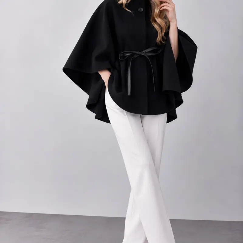 Women’s One Size Faux Leather Structured Funnel Neck Belted Cape Coat - Adjustable, Fashion Statement Outerwear with Flared Sleeves for Fall, Winter Jackets