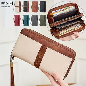 Vintage-Style Double-Zipper Women'S Wallet - Large Capacity, Featuring A Contrasting Color Design, Includes An ID Card Holder And A Lanyard, Perfect For Everyday Use