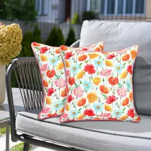 Pack of 2 Waterproof Outdoor Red Floral Throw Pillow Covers 20 x 20 Inch Decorative Colorful Flowers Print Pillow Cases for Sofa Couch Square Garden Patio Funiture Bench, Light Blue