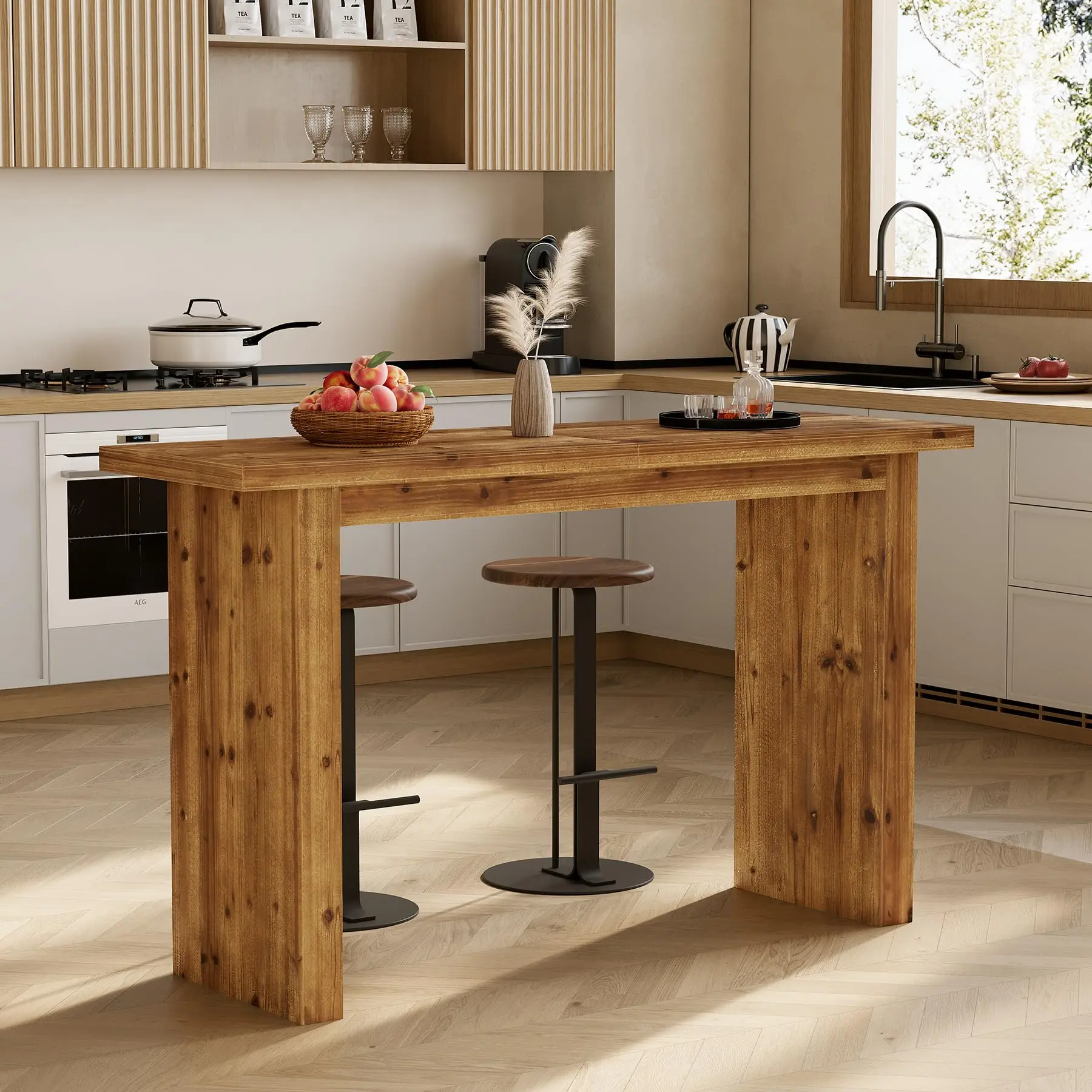 TRIBEWOOD 63-Inch Solid Wood Industrial Pub Table for Home Kitchen, Rectangular Bar Height Table, Brown TRIBEWOOD 63-Inch Solid Wood Industrial Pub Table for Home Kitchen, Rectangular Bar Height Table, Brown