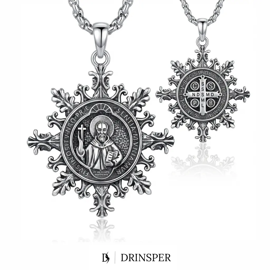 DRINSPER St. Benedict Medal Pendant for Women Men, Snowflake Design Vintage Religious Jewelry with Saint Benedict Symbol, Silver Plated Copper Catholic Amulet Pendant, Faith Protection Meaningful Spiritual Gift for Daily Wear and Special Occasions