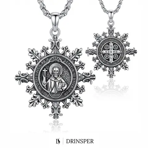 DRINSPER Unisex Silver-Plated Copper-Coated St. Benedict Medallion Pendant Necklace - Vintage Snowflake Religious Figure Motif, Adjustable Stainless Steel Chain, Coated Metal Protective Charm Faith Gift for Daily Wear, Medallion Pendant Necklaces