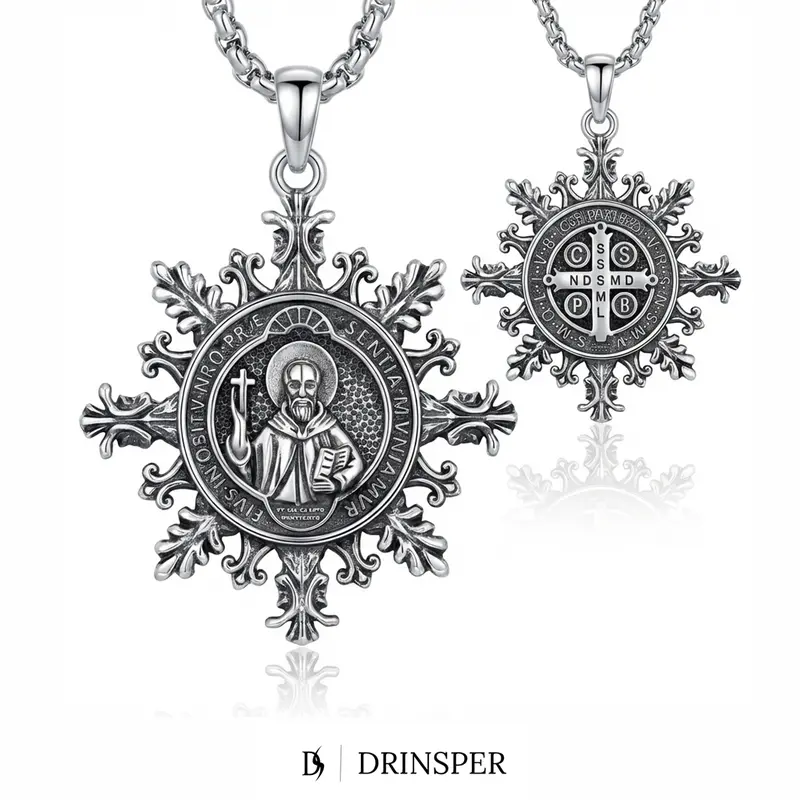 DRINSPER Unisex Silver-Plated Copper-Coated St. Benedict Medallion Pendant Necklace - Vintage Snowflake Religious Figure Motif, Adjustable Stainless Steel Chain, Coated Metal Protective Charm Faith Gift for Daily Wear, Medallion Pendant Necklaces