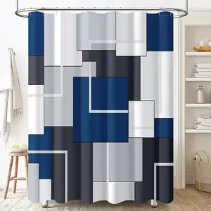 Modern Geometric Shower Curtain Polyester Waterproof 72x72 Inch Navy Blue Gray White Silver Tones Bathroom Decor Splash Reduction